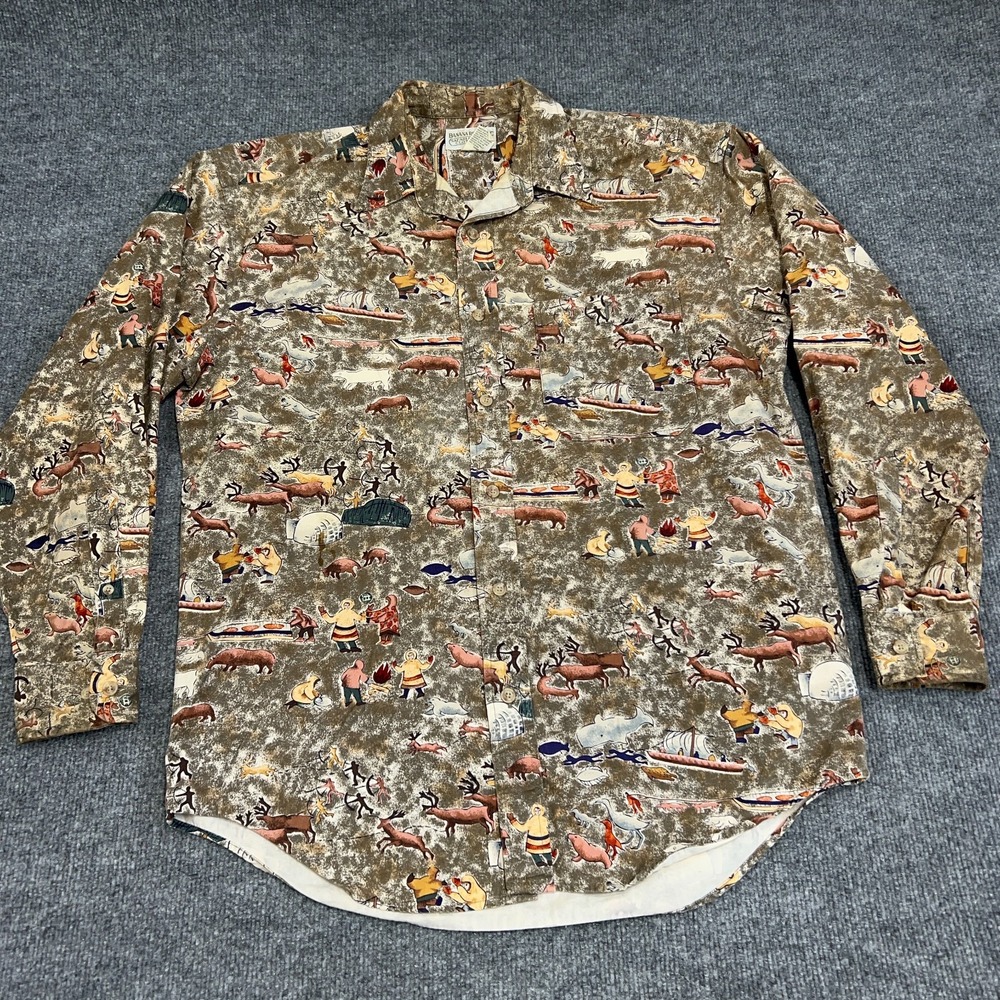 Vintage Banana Republic Safari Long Sleeve Shirt Men M Brown Animals‎ Print AOP